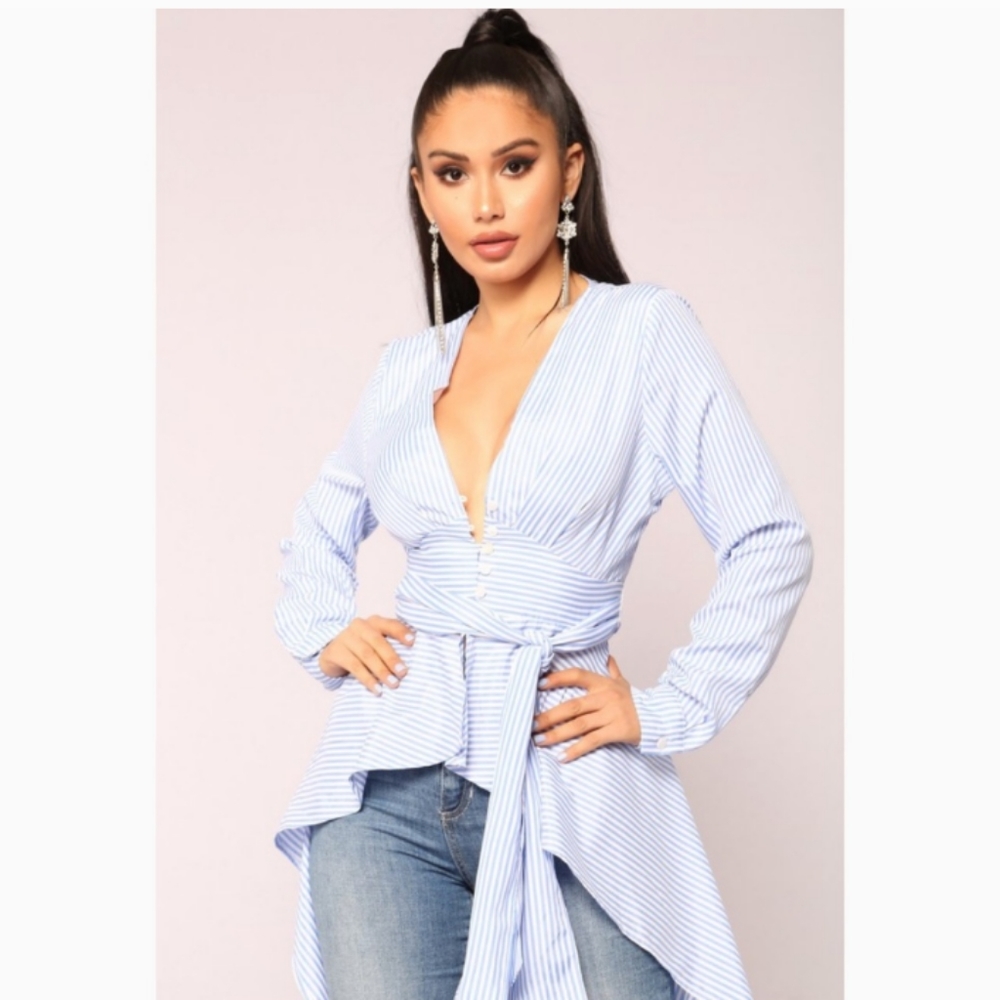 Fashion Nova Live A Little Kimono Size XL Blue/White Striped Long Sleeve